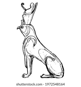 Ancient Egyptian animal art. God Horus as feline sphinx with falcon head in pharaoh's crown. Hand drawn linear doodle rough sketch. Black silhouette on white background.