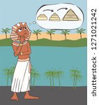 ancient egyptian architect inventing a pyramid, funny vector historical cartoon illustration