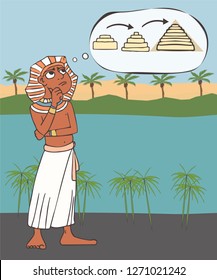 ancient egyptian architect inventing a pyramid, funny vector historical cartoon illustration