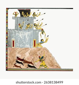 Ancient Egyptian art depicting a battle scene with warriors, fortress, and hunting dogs. Egyptian warriors in traditional attire, fortress, and dogs in action. Vintage art illustration vector.
