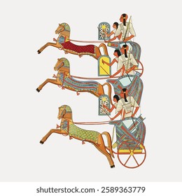 Ancient Egyptian art depicting chariots and horses. Egyptian chariots, horses, and warriors in traditional attire. Historical Egyptian chariot scene. Vintage art painting vector.