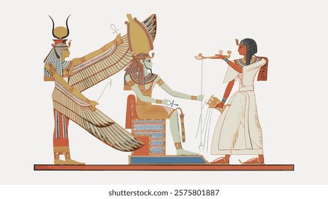 Ancient Egyptian art depicting deities in traditional attire. Egyptian gods with wings and headdresses. Hieroglyphic style, rich in symbolism and history. Vintage art drawing, isolated vector.