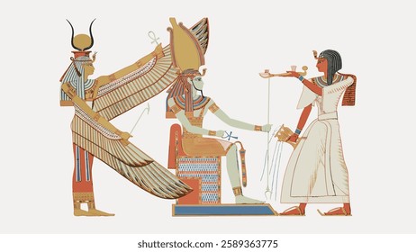 Ancient Egyptian art depicting deities. Egyptian deities with traditional attire, hieroglyphs, and symbols. Rich colors and intricate Egyptian details. Vintage art painting vector.