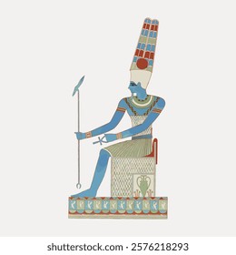 Ancient Egyptian art depicting a deity with a tall headdress, seated on a throne. The figure holds a staff, showcasing traditional Egyptian attire and symbols. Vintage illustration isolated, vector.