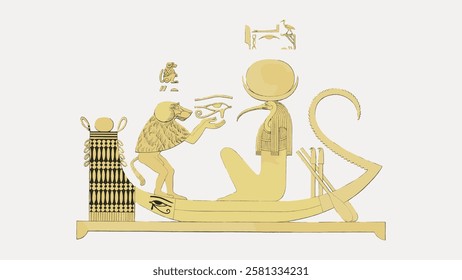 Ancient Egyptian art depicting a deity and a baboon. Hieroglyphs and symbols surround the figures. Intricate, symbolic, and historical Egyptian design. Vintage Egyptian illustration isolated, vector.