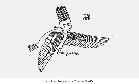 Ancient Egyptian art depicting a deity with a human head and bird body. Egyptian deity illustration, bird-like figure, ancient Egyptian symbolism, historical art. Vintage bird illustration vector.