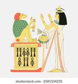 Ancient Egyptian art depicting a female figure and a lion-headed deity. Egyptian symbols and hieroglyphs highlight the rich cultural heritage and mythology. Vintage Egyptian illustration vector.