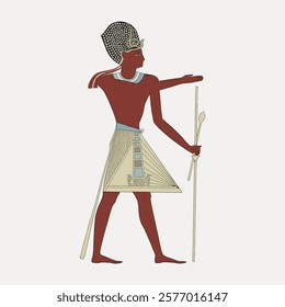 Ancient Egyptian art depicting a male figure with traditional attire, holding a staff. Egyptian art showcases cultural heritage and historical significance. Vintage art drawing, isolated vector.