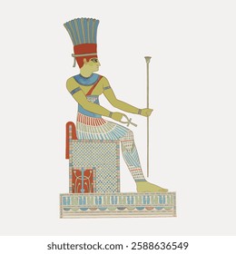 Ancient Egyptian art depicting a seated figure with a tall headdress, colorful attire, and a staff, showcasing traditional Egyptian design and symbolism. Vintage art painting vector.