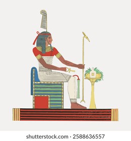 Ancient Egyptian art depicting a seated figure in traditional attire, holding a staff. Egyptian art features rich colors, Egyptian symbols, and historical attire. Vintage art painting vector.