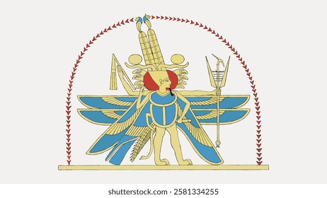 Ancient Egyptian art depicting a winged scarab beetle with a sun disk, symbolizing rebirth and protection. Intricate hieroglyphs and symbols surround the scarab. Vintage Egyptian illustration vector.