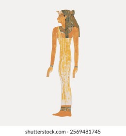 Ancient Egyptian art depicting a woman in traditional attire. Egyptian woman, ancient art, traditional dress, historical depiction, Egyptian culture. Vintage illustration isolated on white, vector.