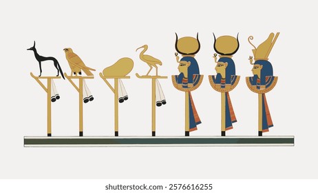 Ancient Egyptian art featuring deities and animals. Egyptian gods and animals depicted in traditional style. Egyptian culture and mythology in art. Vintage art drawing, isolated vector element.