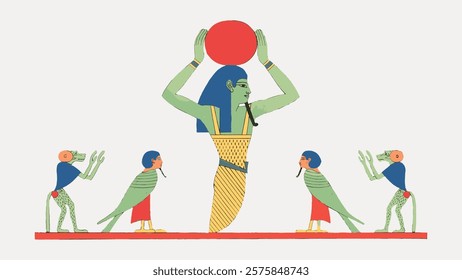 Ancient Egyptian art illustration with a central figure holding a red sun disk, surrounded by four bird-headed figures. Vibrant colors and symbolic design. Vintage illustration isolated, vector.