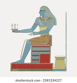 Ancient Egyptian art illustration of a seated figure with blue skin, traditional attire, and hieroglyphs. Egyptian art, seated figure, traditional attire. Vintage Egyptian illustration vector.