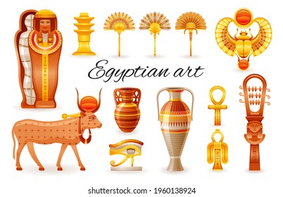 Ancient Egyptian art. Vector Egypt illustration. Pharaoh pyramid  historical artifact icon set.  Mummy, god Ra scarab, ankh, cow statue wadjet eye, vase. Old culture symbols. Cartoon  mythology design