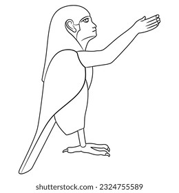 Ancient Egyptian Ba Bird. Sacred symbol of human soul. Black and white linear silhouette.