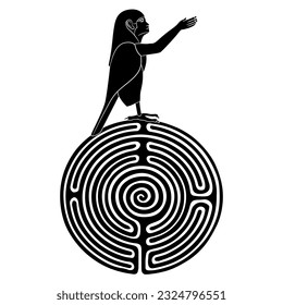 Ancient Egyptian Ba Bird standing on a round spiral maze or labyrinth symbol. Mythological concept. Sacred symbol of human soul. Black and white negative silhouette.