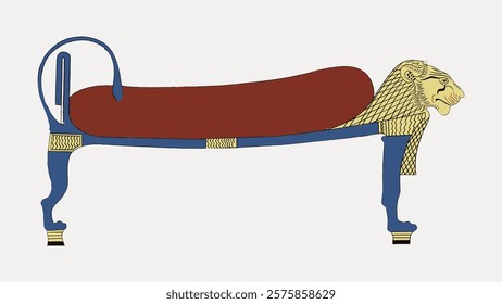 Ancient Egyptian bed with lion motifs, featuring a red cushion. Egyptian design, lion details, and bed structure highlight historical craftsmanship. Vintage art drawing, isolated vector element.