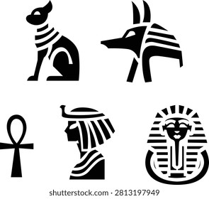 Ancient Egyptian black vector icon set isolated on white. Includes silhouette symbols of Bastet cat goddess, Anubis god of the dead, Ankh cross key of life, Queen Cleopatra profile, and King Tutankhamun pharaoh death mask. Minimalist graphic design collection.