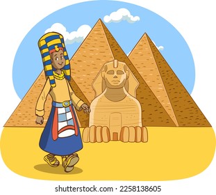 ancient egyptian boy and pyramids cartoon vector 