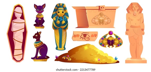 Viejo conjunto de dibujos animados egipcios de escarabajo dorado, escultura bastet, sarcófago de faraón, momia, pecho con tesoro y pila de oro. Tumba egipcia, piedra con jeroglíficos y estatuas de dioses antiguos