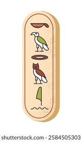 Ancient Egyptian cartouche with hieroglyphic symbols of birds and objects on a textured surface. Historical concept on a white background