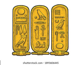 Ancient Egyptian Cartouche sketch color engraving vector illustration. T-shirt apparel print design. Scratch board imitation. Black and white hand drawn image.