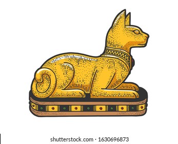 Ancient Egyptian cat statue sketch engraving vector illustration. T-shirt apparel print design. Scratch board imitation. Black and white hand drawn image.