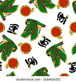 Ancient egyptian characters vector seamless pattern. Colorful green Ra god falcon, the eye of Horus and yellow snake with red sun disk on white background. Endless stylized pattern for wallpaper.