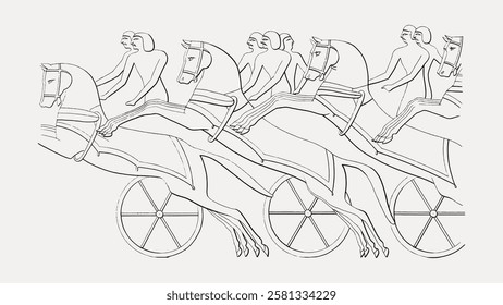 Ancient Egyptian chariot drawing with horses and riders. Chariot and horses depicted in motion. Egyptian art style, featuring detailed chariot and horse figures. Vintage horse illustration vector.