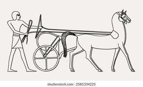 Ancient Egyptian chariot illustration with a figure holding reins, a horse, and a two-wheeled chariot. Simple line art depicting historical transportation. Vintage horse illustration isolated, vector.