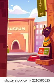 Ancient Egyptian City Street With Museum And Cat Statue. Cartoon Vector Illustration Of Old Historical Town With Modern And Old Architecture, Feline Goddess On Sidewalk, Pet Water Bowl, No Dogs Sign