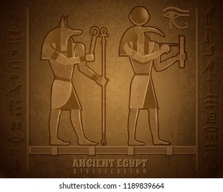 Ancient egyptian civilization cartoon vector illustration with images of famous mystical deities with animal heads