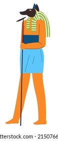 Ancient egyptian civilization, religion and mythology, history and cultural heritage. Isolated anubis god or deity. Male character with face of animal. Traditional clothes. Vector in flat style