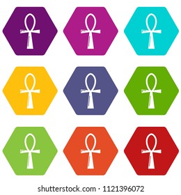 Ancient egyptian cross ankh icons 9 set coloful isolated on white for web