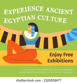 Ancient Egyptian culture, experience and discover archaeology and history of an African country. Cleopatra or goddess with wings. Promotional banner, advertisement poster. Vector in flat style