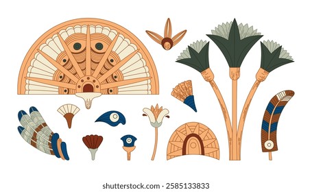 Ancient Egyptian Decorative isolated Elements, Traditional Ornamental Vector Set with Stylized Feathers, Floral Patterns, and Sacred Symbols in a Historical Aesthetic Design