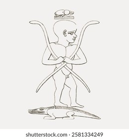 Ancient Egyptian deity drawing, featuring a stylized figure with crossed arms and a crocodile. Egyptian art, deity, and symbolism in a simple line style. Vintage Egyptian illustration vector.