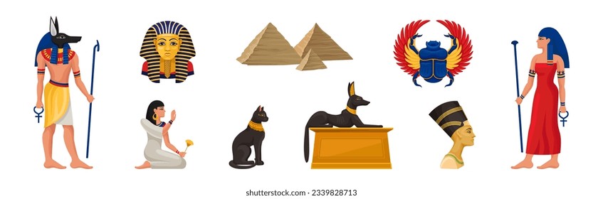 Ancient Egyptian Deity and Egypt Symbol Vector Illustration Set