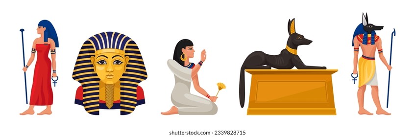 Ancient Egyptian Deity and Egypt Symbol Vector Illustration Set