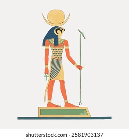 Ancient Egyptian deity with falcon head, sun disk, and staff. Egyptian god, falcon head, sun disk, staff. Symbol of power, Egyptian god, falcon head. Vintage Egyptian illustration isolated, vector.