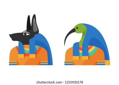 Ancient Egyptian deity with head of jackal and body of man, the conductor of dead to the afterlife, Anubis. Egyptian God of Moon, wisdom, sacred letter, God Thoth, Djehuti. Vector illustration.