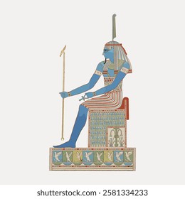 Ancient Egyptian deity illustration, blue-skinned figure seated, holding a staff. Traditional Egyptian attire, colorful patterns. Deity, Egyptian, ancient art. Vintage Egyptian illustration vector.