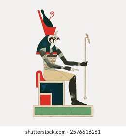 Ancient Egyptian deity illustration. Depicts a seated figure with a falcon head, wearing a headdress. Egyptian art, deity, falcon head, headdress. Vintage art drawing, isolated vector element.