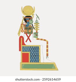 Ancient Egyptian deity illustration, seated figure with a green face, elaborate headdress, and colorful attire, symbolizing Egyptian mythology and art. Vintage art painting vector.