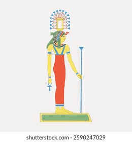 Ancient Egyptian deity illustration with vibrant colors. Depicts a figure with a staff and ankh. Egyptian art, traditional attire, historical representation. Vintage art painting vector.