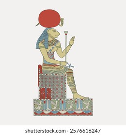 Ancient Egyptian deity with lioness head, seated on a throne. Egyptian art, lioness, deity, throne. Traditional Egyptian colors and symbols. Vintage style art drawing, isolated vector element.