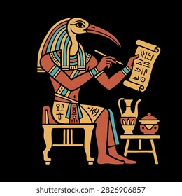 Ancient Egyptian deity Thoth writing on a papyrus scroll document
