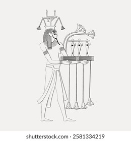 Ancient Egyptian drawing of a figure with traditional attire, headdress, and symbols. Egyptian art, historical depiction, cultural symbols, traditional attire. Vintage Egyptian illustration vector.